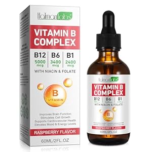 Liquid Vitamin B Complex Supplement, B Vitamins Complex – Vitamin B12 B1 B6 Niacin & Folate, 60ml, Raspberry Flavour – Supports Brain Heart Function, Elevates Mood & Energy Levels