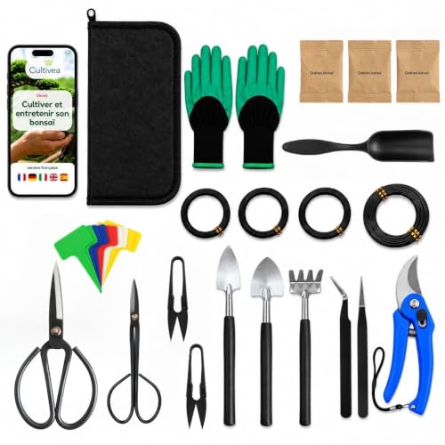 Cultivea® Juego de 32 Herramientas Completas para bonsái - Herramientas de Acero - Jardín - Tijeras para bonsái y Cuidado de Plantas - Tijeras - Alicates - Poda de bonsái - Alambre de Aluminio