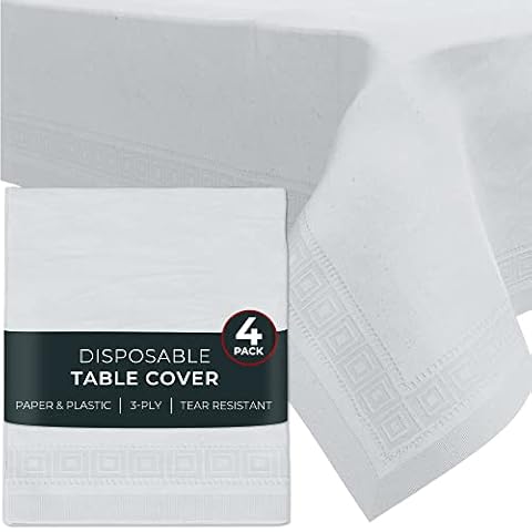 Paper Tablecloths for Rectangle Tables | 54” X 108” - 4 Pack | White Paper Disposable Tablecloth | 3-Ply Premium Paper & Plastic Table Cloths for Parties Disposable Cover