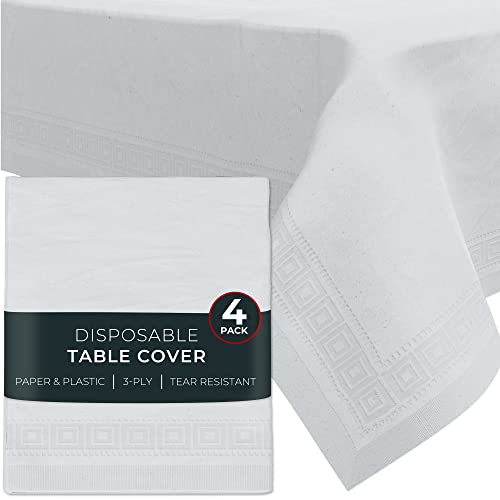 HOUZZKINGZ USA Paper Tablecloths for Rectangle Tables | 54 X 108 4 Pack | White Paper Disposable Tablecloth | 3-Ply Premium Paper & Plastic Table Cloths for Parties Disposable