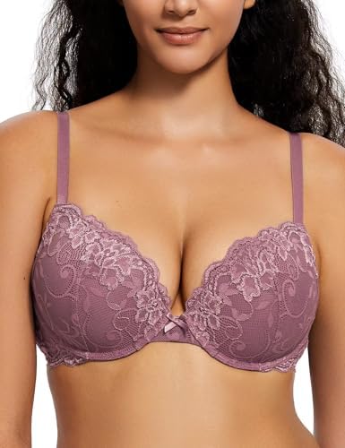 Deyllo Push-Up-BH für Damen, mit Spitze, bequemer gepolsterter Bügel-BH, hebt an, vergrößert um eine Körbchengröße