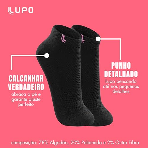 LUPO Kit 9 Meia Cano Baixo Curto Esportiva Algodão Punho Soft Feminina Adulto, 3 Brancas - 3 Cinzas