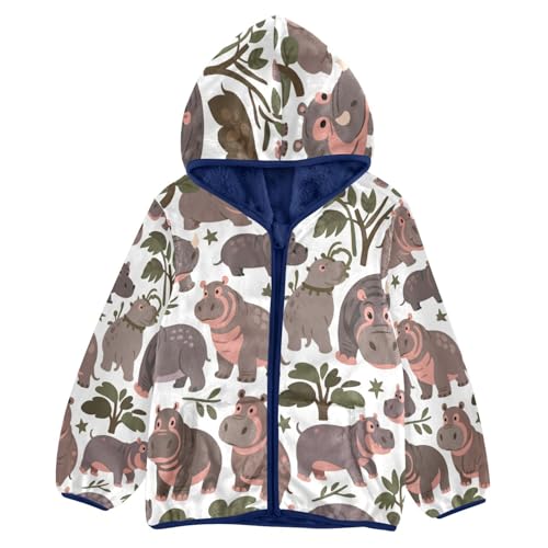 Cute Hippo Pattern Print Design Toddler Fleece Jacket Girl Boys Hooded Fleece Jacket Coat Warm Outwear Zip-up 3-10T