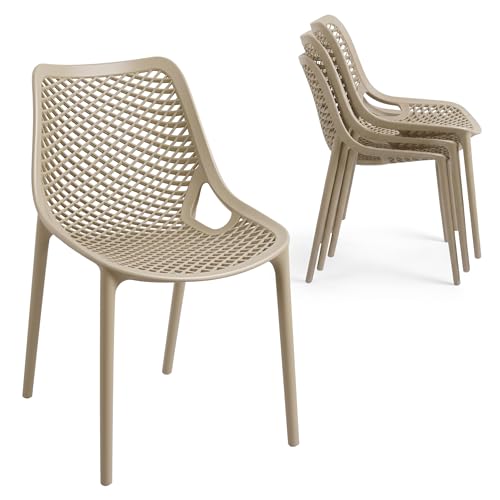 WOOW DEPOT 4 Pack Outdoor Patio Chairs, Plastic Dining Chairs, Beige