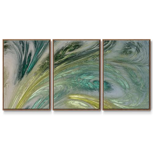 Renditions Gallery Abstract Wall Art Yellow and Green Watercolor Painting Picture Modern Home Artwork 3 Pieces of Walnut Framed Canvas Prints Wall Decorations for Kitchen and Bedroom 26x40 Inch LS008