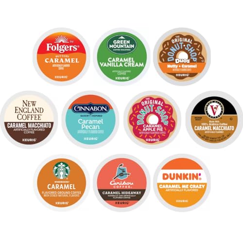 Caramel Flavored Coffee K-Cups Variety Sampler Pack, Includes Dunkin, Caribou, Starbucks, Cinnabon, Green Mountain, Folgers, Victor Allen And New England Caramel Macchiato, And Donut Shop Caramel Apple Pie, (20 Count)