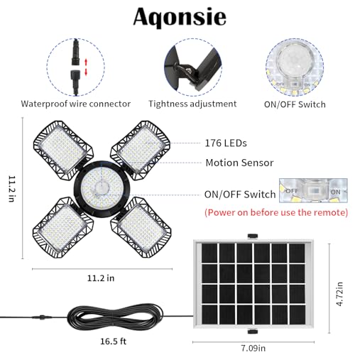 Aqonsie Solar Shed Light Outdoor Indoor, 176LED Solar Powered Motion Sensor Pendant Light Daytime Available, Solar Indoor Lights with 5 Lighting Modes & Remote for Shed Gazebo Barn Garage Home - Thumbnail 5