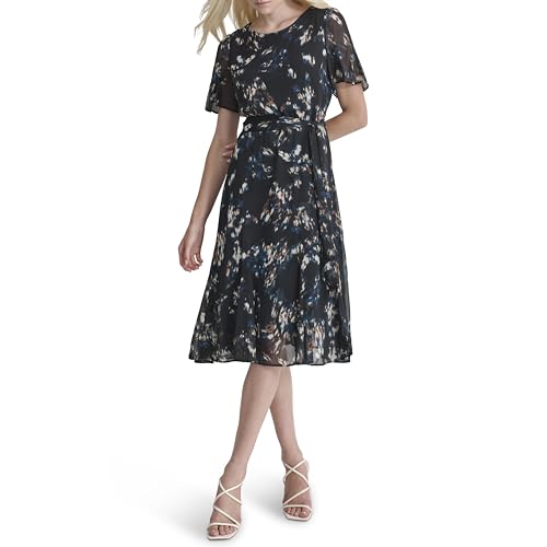 Image of DKNY Women's Flutter Sleeve Round Neck Waist Tie Midi Dress