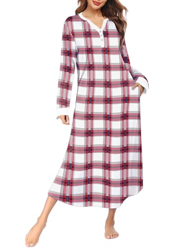 Ekouaer Womens Nightgown Long Loungewear V Neck Nightshirt Sleepwear Full Length Sleepshirt with Pockets