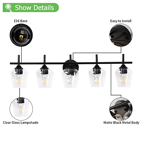 Image of foucasal Bathroom Light Fixtures, 5-Light Matte Black Vanity Light with Clear Glass Shade, Modern Wall Lights for Bedroom Hallway Living Room (Black, 5-Light)