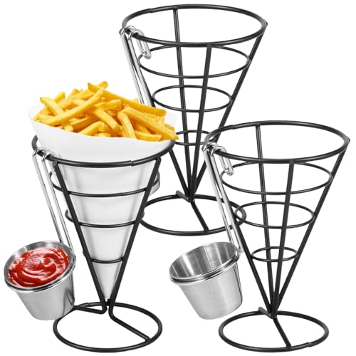 DNAMYJME 3Pcs French Fries Stands with Sauce Dipper Rustproof Cone Basket Fry Holder Metal Reusable Snack Fries Wire Rack for Restaurant Party Supplies