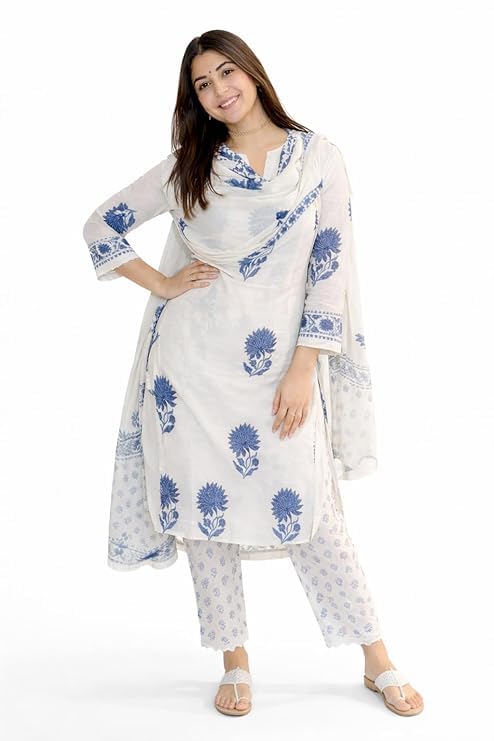 Image of Nermosa Women's Hand Block Floral Printed Straight Kurta Set with Palazzo Pants & Dupatta Ethnic Kurta Set for Casual Outings Day Events Summer Wear Festive