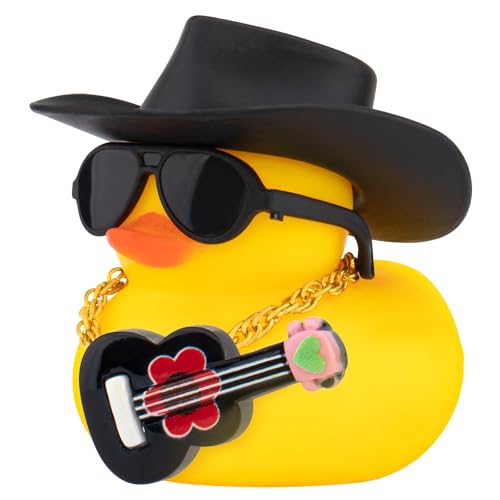 wonuu Car Dashboard Rubber Ducks, Rubber Ducky Decorations for Gag Car Ornament Cute Duck with Cowboy Hat, Glasses, Necklace, Guitar, Black