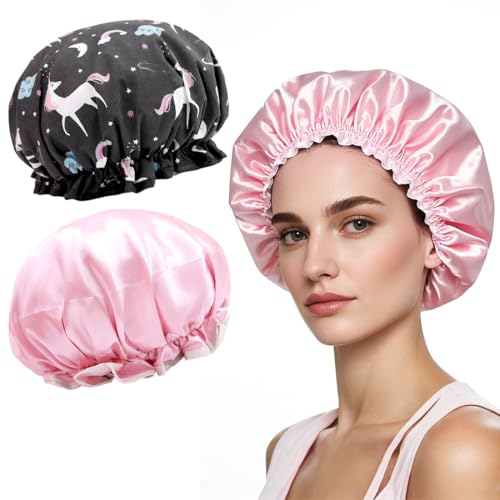 JEYORZY Bonnet De Douche, 2 Pieces Bonnet de Douche Etanche, Bonnets de Bain Réutilisables avec Des Bandes Élastiques Pour Femmes Filles Douche SPA Salon, pour Les Femmes Filles de Douche Salon