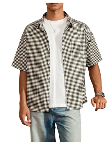 GORGLITTER Mens Plaid Button Up Crop Top Shirt Gingham Short Sleeve Tee Shirts Mocha Brown Large
