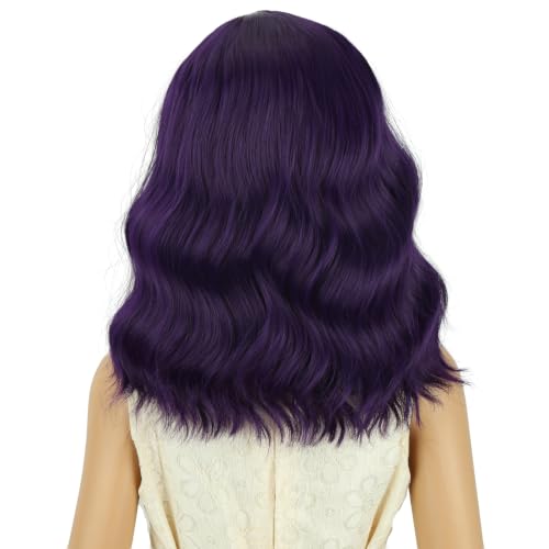 Image of PATTNIUM Dark Purple Wig for Short Purple Wavy Curly Wig Side Part Bob Wigs Synthetic Halloween Party Cosplay Hair