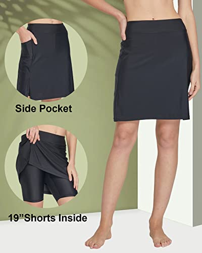 HonourSex Women Modest Swim Skirt with Shorts Sun Protection Swimming Bottom with Skirt Black L
