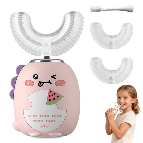 Weciau Electric U Shaped Toothbrush, 360º Automatic Ultrasonic Toothbrush with 3 Modes and 4 Soft Head, IPX7 Waterproof Dinosaur Shaped Toothbrush for 2-12 Toddler and Children (Pink)