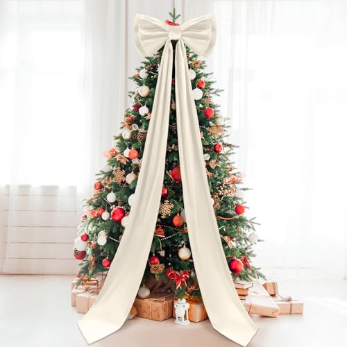 Wavwavw Giant Bow Decor Christmas Tree Topper Decoration Big Bows for Room Wall Backdrop 75x18 Inch Ribbon Tie for Wedding Christmas Fall Birthday Party Baby Shower Supplies(Ivory,Velvet)