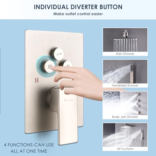 Image of Shower Body Sprays Systems with Push Button, All Metal Shower Jets System, 10 inch Rain Shower Head with 4PCS Body Jets and Handheld Shower Faucet Sets Complete, Rough-in Valve, Brushed Nickel