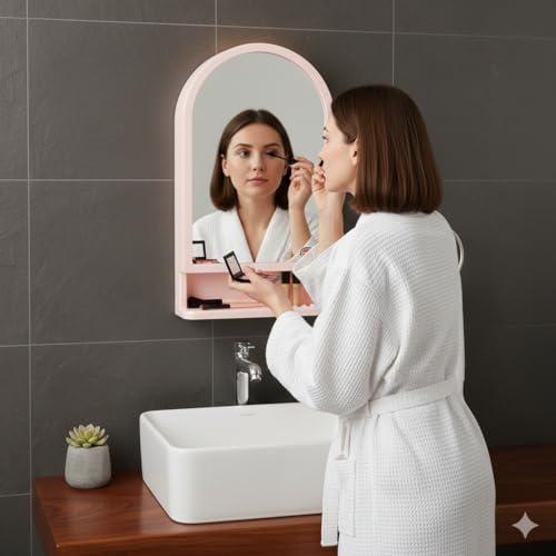 Image of BRANCO Plastic Ideal Mirror Cabinet | Multipurpose Cabinet | Wall Mounted Hanging Mirror Bathroom Accessories | Mirror Cabinet for Living Room, Bathroom, Bedroom (Pink)