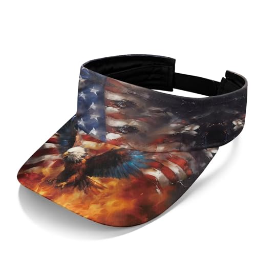 HUIACONG Eagle American Flag Sun Visor Hat Lightweight Adjustable Sports Flame Eagle Patriotic Visor for Women Men Outdoor Tennis Beach Cap，Independence Day