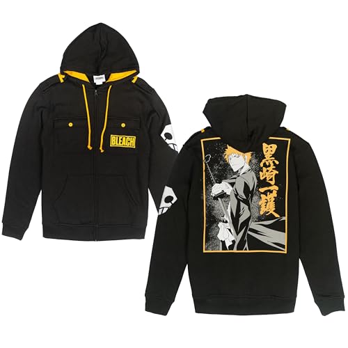 Ripple Junction Bleach Men's Full Zip-Up Hooded Sweatshirt Ichigo Kurosaki Skull Logo Anime Fleece Graphic Hoodie Small Black