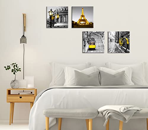 Wall Art For Bedroom Yellow Wall Decor Paris Eiffel Tower Pictures Black And White Paintings For Living Room Office Home (Yellow, 12X12Inchx4Pcs) #TOP2