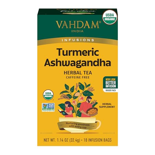 Image of VAHDAM, Organic Turmeric Ashwagandha Herbal Tea Bags (18 Count) Caffeine Free, Gluten Free | 100% Pure Herbal Blend - Sweet & Earthy | Eco-Friendly Individually Wrapped Tea Bags | Direct From Source