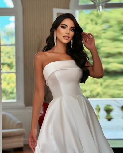 Women's Satin Tea Length Wedding Guest Dresses Strapless Cocktail Dress Semi Formal Evening Party Gown LZY8883