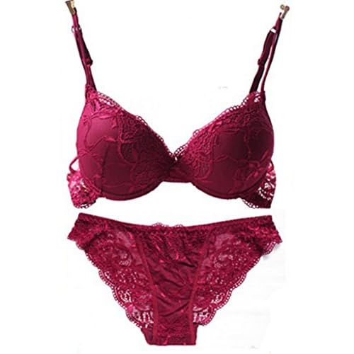 Nanier Damen Sexy Push up BH Set Mit Stickerei Wein rot 80B