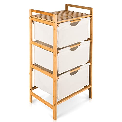 HEIMWERT Wäschekorb Regal 3 Fächer – Stabiler Wäschesortierer aus Bambus Holz – Wäschesammler 44 x 34,5 x 96 cm groß für Badezimmer und Schlafzimmer I Wäsche Organizer mit Textil Korb (Naturweiß)