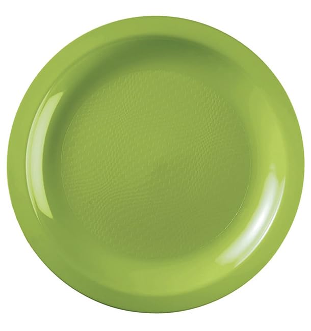Monouso | 25 Platos Llanos Redondos de Plástico PP, Ø22cm, Verde Lima, Reutilizables, Hasta 125 usos, Apto para Lavavajillas, Plástico Duro, Rígico, Reciclable, Ideal para Fiestas y Eventos.