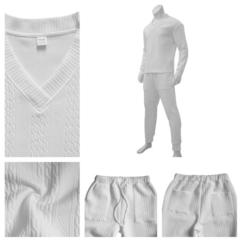 Athleisure Cable Jacquard Set Men,Men's Tracksuits V-Neck Long Sleeve Tops and Drawstring Jogging Pants Suit 2 Piece3