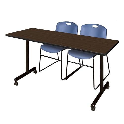 Image of Regency Kobe 66 x 24 in. Mobile T-Base Training Table- Neo Walnut, 2 Zeng Stack Chairs- Blue