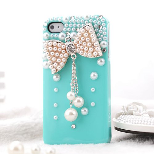 Leegoal（TM）S9D New 3D Bow Bling Crystal pearl Hard Skin Back Case Cover For iPhone 4 4G 4S Blue