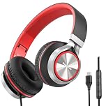 Bywulanda USB C Headphones with Mic and Volume Control, Over Ear Stereo Headsets for iPhone 15 16 Pro, Wired Foldable Headphones for Smartphones Chromebook Laptop Tablets Travel(Black/Red)