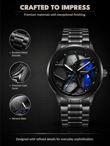 Image of V2A Men's Analog Automotive Inspired Wheel Rim Design Wrist Watch | Stainless Steel Bracelet| Quartz Movement | 30M Water Resistant | Premium Black Metal Strap Watch for Men | Casual & Formal