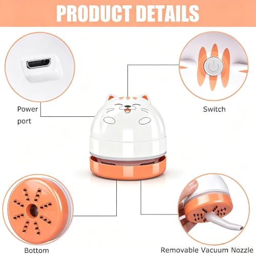 Image of Mini Desktop Vacuum Cleaner, Portable USB Vacuum Cleaner for Desk Mini Cute Cartoon Desktop Vacuum for Cleaning Eraser Crumbs, Dust, Crumbs, Piano, Hairs, Computer, Keyboard and Car (White Orange)