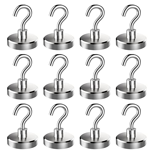 VEGCOO 12 Pack Magnetic Hooks, 12KG(26.5LBS) Super Strong Magnet Hook Small Magnetic Hanger, Heavy Duty Cruise Hook for Home School Office Kitchen Door Holder Key Refrigerators Grill