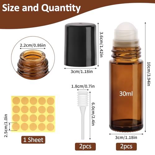 SONEER 30ML Roll on Glasflaschen für Ätherisches Öl, 2 Stück Roll on Flasche Leer, Nachfüllbare Rollon Flaschen mit Strohhalm, Etiketten für Aromatherapie, Parfüm, Massage (Braun)
