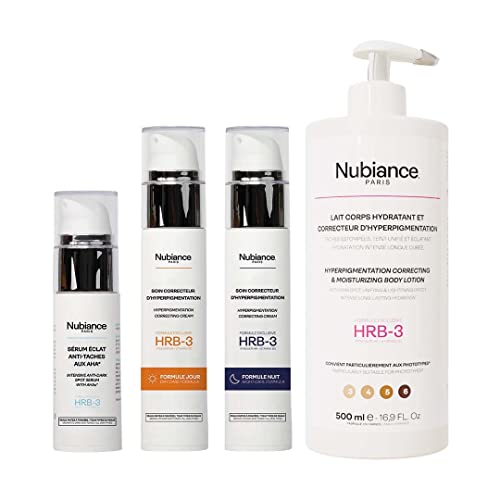 NUBIANCE - Gamme Anti-taches Complète HRB-3 Pour Visage Et Corps - Exfoliant Visage, Crème Hydratante Visage, Creme Anti Tache Visage, Creme Eclaircissante Peau Noir Puissant Ensemble.