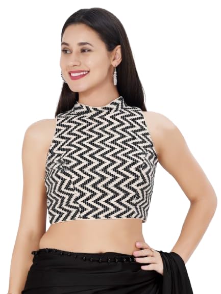 Image of Vamas Women's Net Saree Blouse | Padded Sleeveless Back Open Designer Blouse | ReadymadeEthnic Blouse with Tie-Up Back for Women