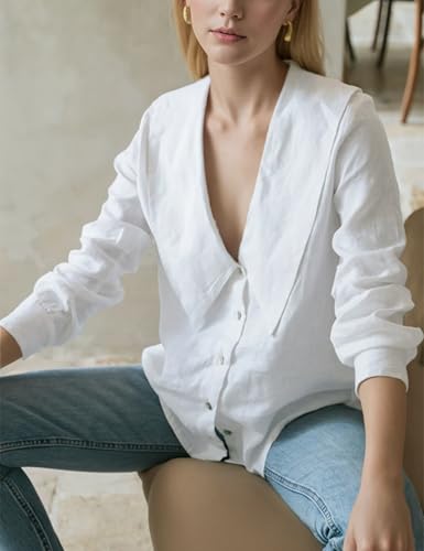 Daacee Women’s Big Collar Cotton Linen Blouses Dressy Casual Long Sleeve V Neck Button Down Shirts Ladies Tops3