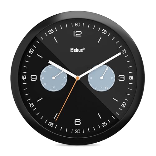 Mebus Quartz Wall Clock with Thermometer and Hygrometer/Plastic/Round/Model: 16100 / Colour: Black/Diameter 26 cm