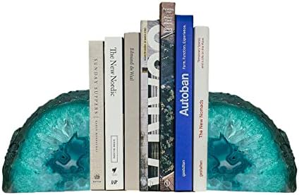 AMOYSTONE Teal/Green Agate Bookends Heavy Book Ends 1 Pair Large Stone Bookends 6-8 LBS with Rubber Bumpers for Office Bookshelf
