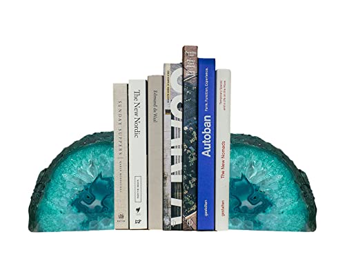 Amoystone 1Pair Teal Agate Bookends Crystal Geode Book Ends 2-3 Lbs With Anti-Slip Rubber Bumpers, Holder Small Books #TOP8