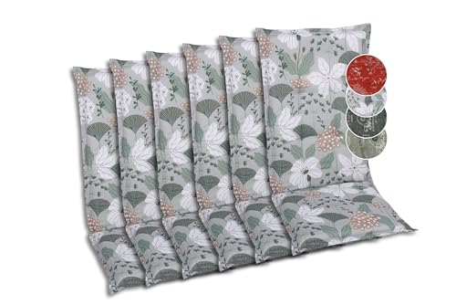 GO-DE Textil Bequeme und attraktive Polsterauflagen für Hochlehner-Gartenstühle (6er-Set, Design: Ginkgoblatt Grün)