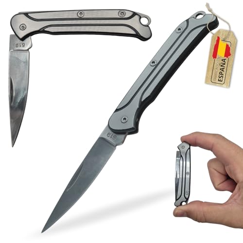 Navaja Pequeña con Cuchillo Plegable y Mango de Acero Inoxidable, Navajas Barata Liviana y Compacta Navaja Española de Bolsillo o Llavero para Camping, Supervivencia, Trabajo, Caza, Pesca, Montaña.
