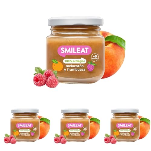 Smileat - Tarrito Ecológico de Frutas, Ingredientes Naturales, para Bebés desde 6 Meses, Sano y Saludable, sin Gluten, Sabor a Melocotón y Frambuesa - Tarro de 130 g (Paquete de 4)